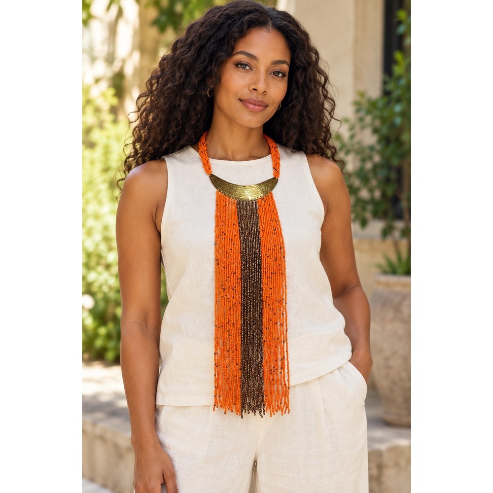African Maasai Style Beaded Necklace Orange Brass Fringe Statement Tribal Boho